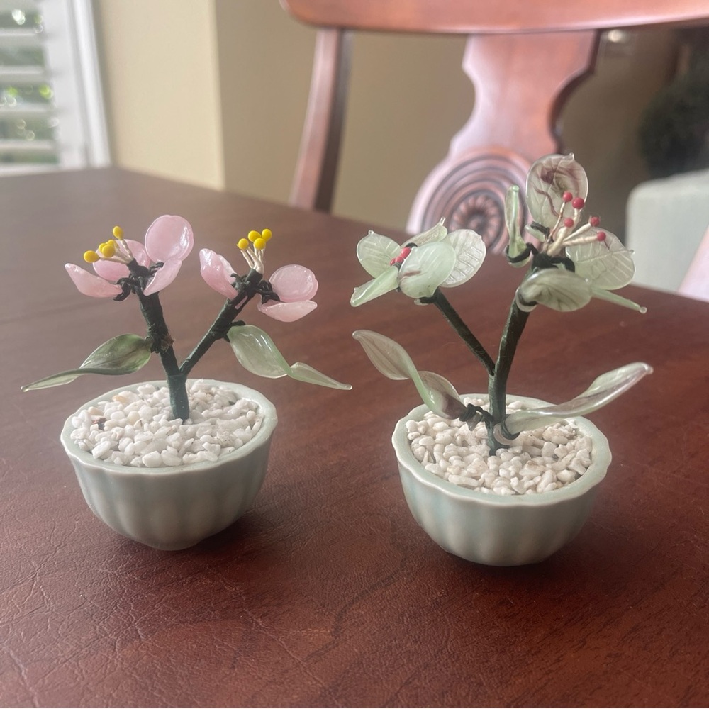 COPY - VTG Set Of 2 Chinese Glass Bonsai Trees; (Cherry Blossoms & Green Flower…